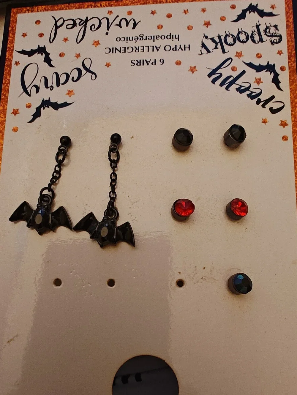 Source Unknown Black Bat Dangle & Red/Black Stud Earring Set